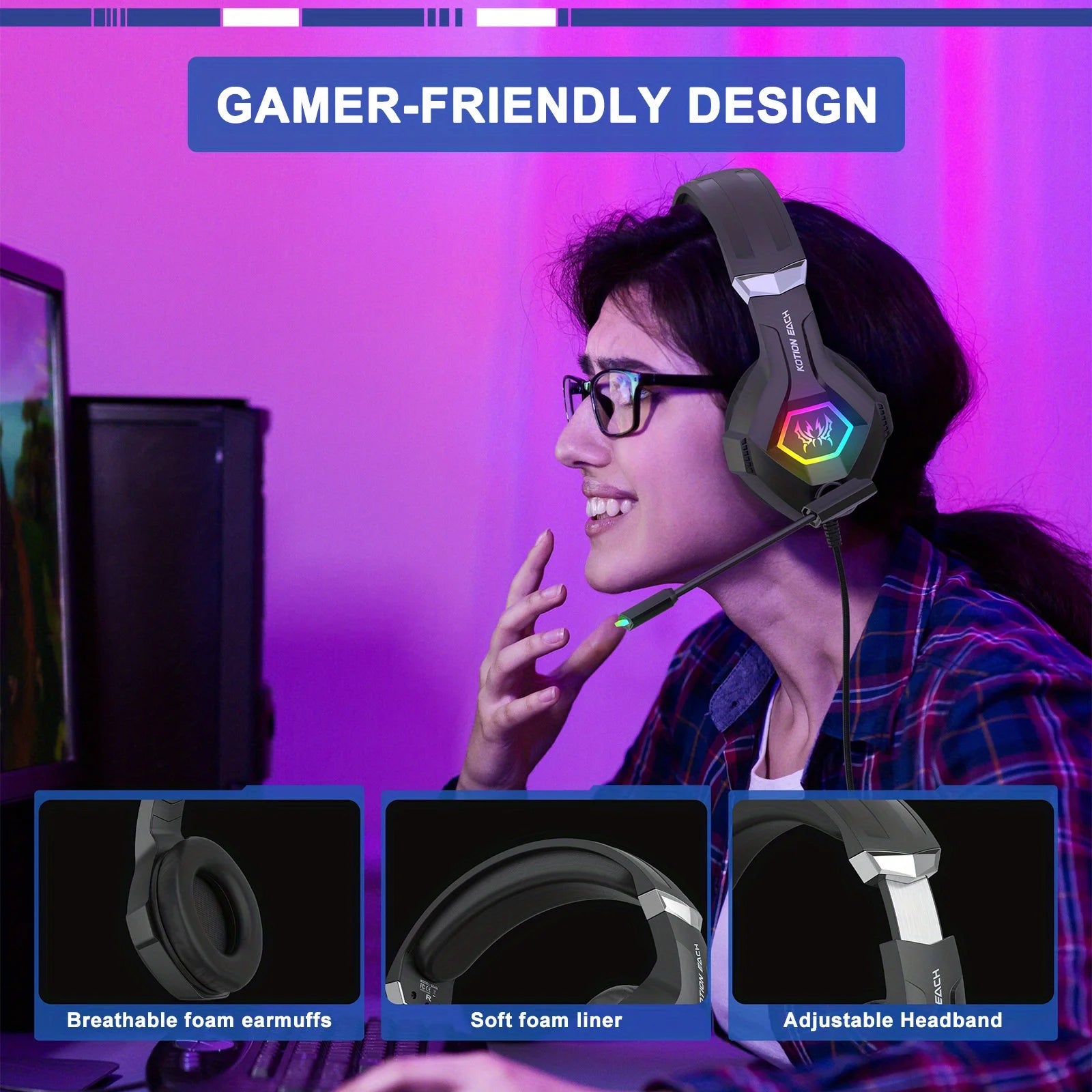 GS450 Head Mounted Esports Earphones, 50mm jack adjustable headband to adapt to different head circumferences, noise cancelling microphone for virtual surround sound, compatible with PC/PS5/Switch/mobile phone for esports, li