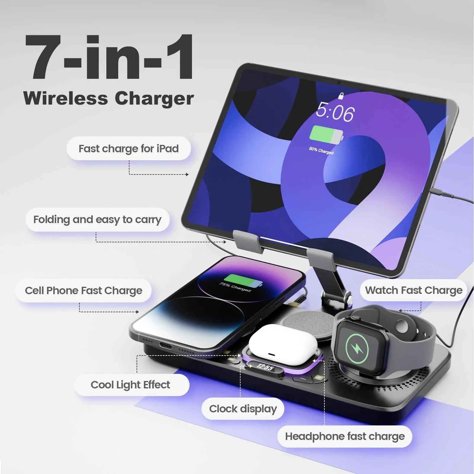 7 in 1 Wireless Chargers Station Magnetic 15W Fast Charg Foldable Multiple Devices for iPhone 17 16 15 14 13 Apple Watch Airpods