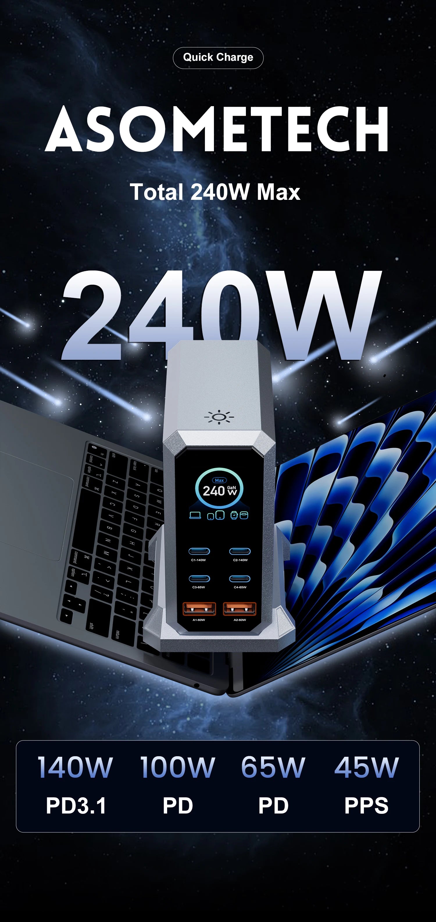 240W Digital GaN Charger PD3.1 140W USB Type C 6 Ports Desktop Fast Charging Station for IPhone Samsung Xiaomi MacBook Laptops