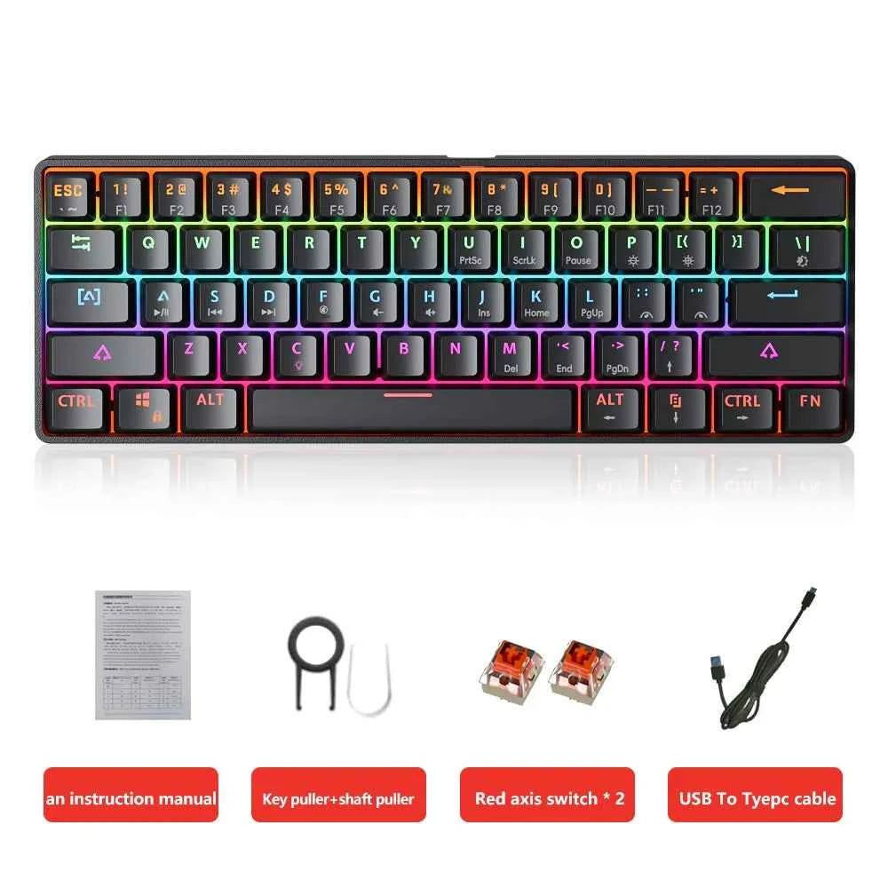 MUCAI 61Key Gaming Mechanical Keyboard Mini Portable Wired USB Hot swappable RGB Light Effect Red Axis Compact and Practical