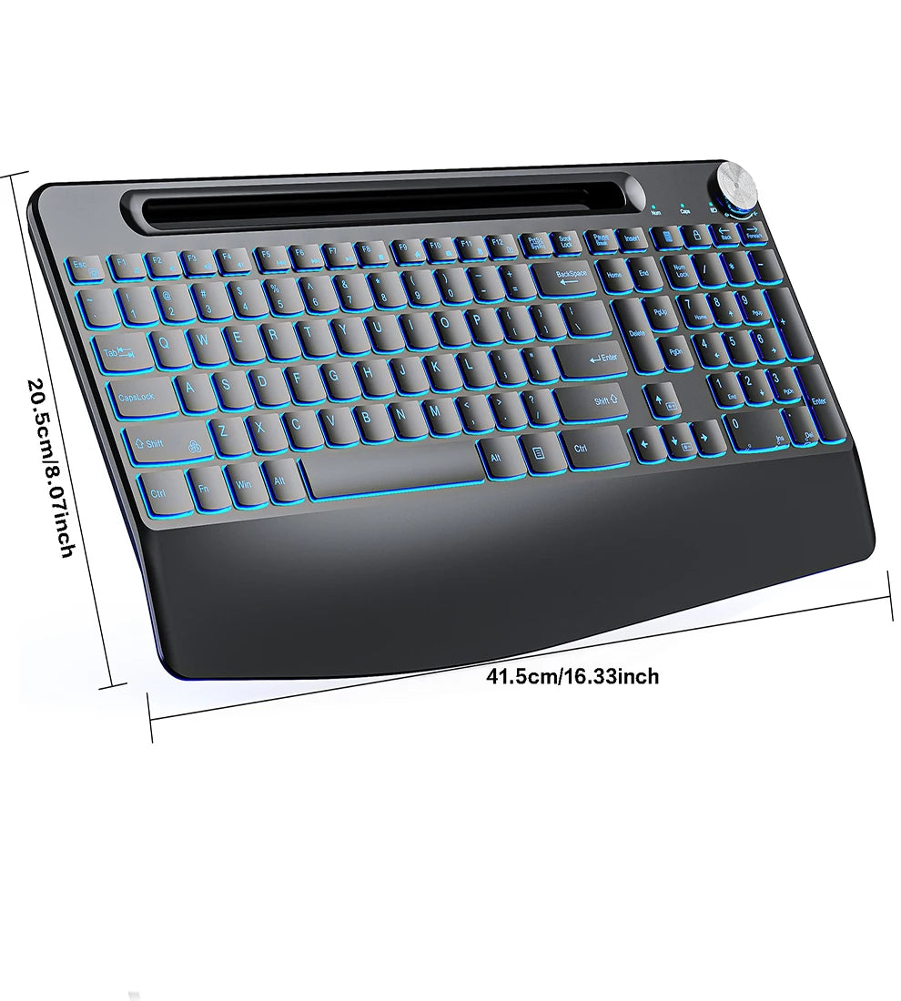 Ergonomic 2.4G Wireless Rechargeable Keyboard Mouse Set for Laptop With Color Backlit Phone Holder Wrist Rest and Jiggler Mouse