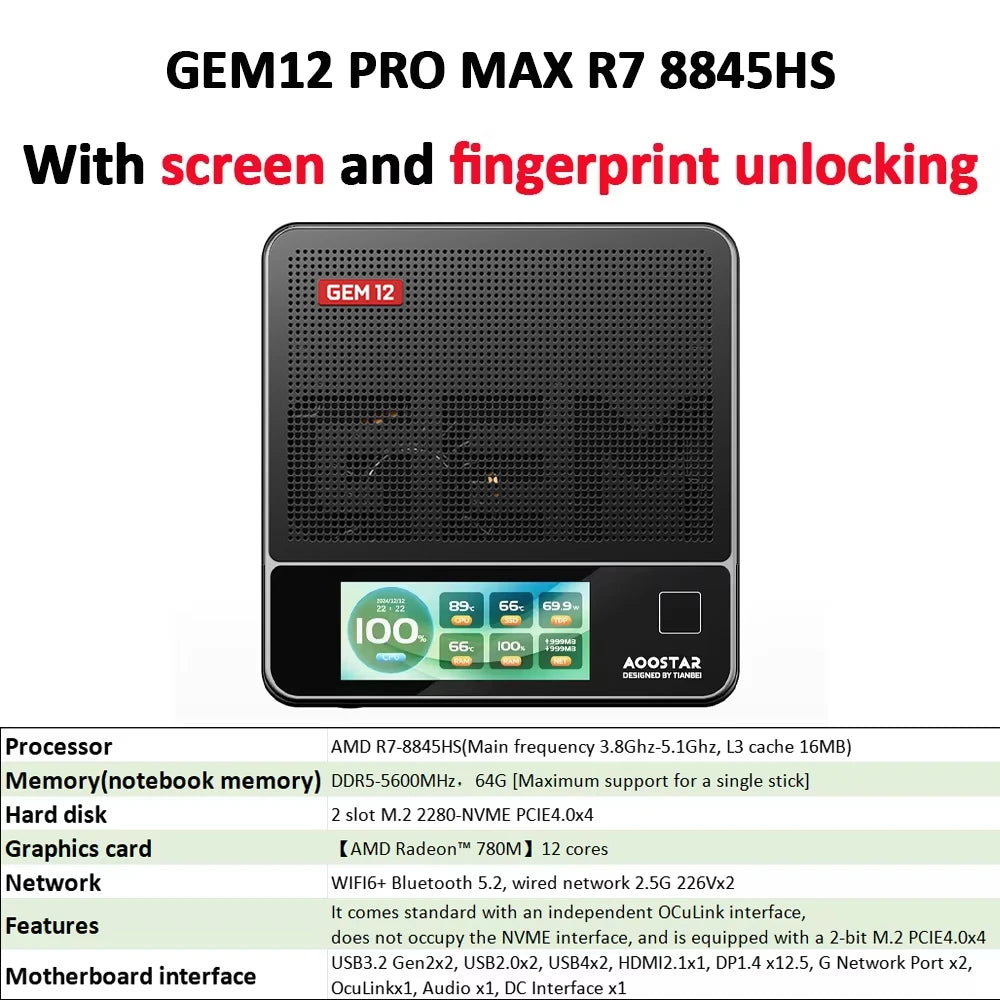 AOOSTAR GEM12 Mini PC Ryzen 7 PRO 8845HS 8C/16T Radeon 780M Dual NVMe OCuLink 70W USB4 for Desktop Gaming Mini PC Computer - WinSupport Tech
