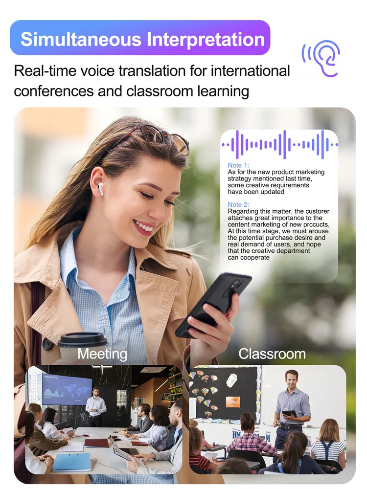 Real Time Translators Headphones Wireless Earphones Noise Canceling IPX7 Waterproof Smart Touch Control Kids Women Men Earbuds