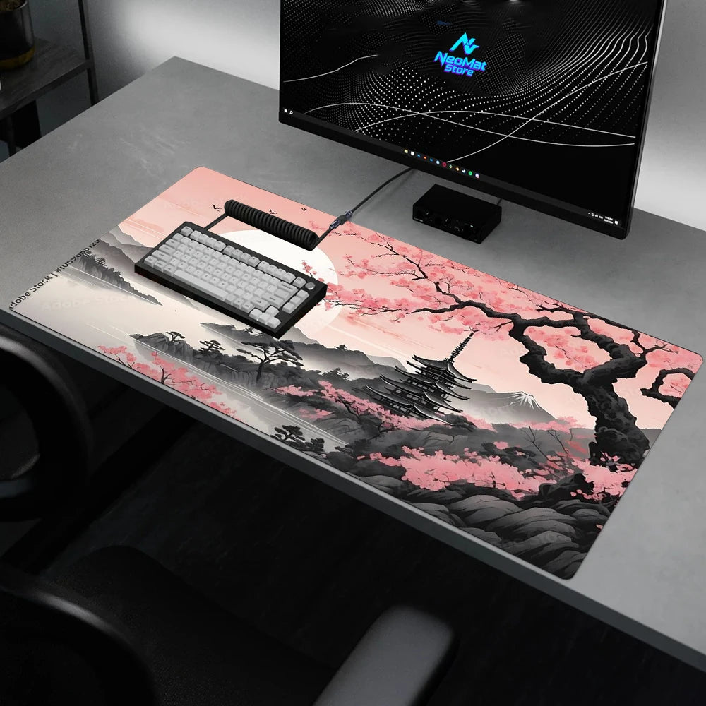 Japanese Sakura Mouse Pad XL Gaming Desk Mat Fuji Pagoda Mousepad Cherry Blossom Mountain Accessories 90x40 Mousepads