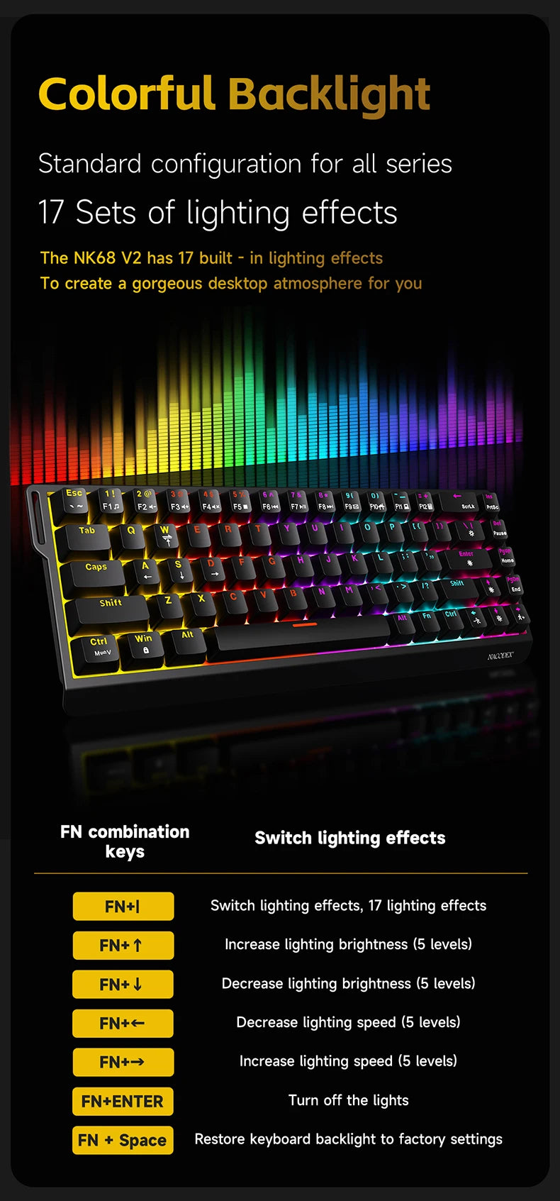 AJAZZ NK68 V2 gaming mechanical keyboard features hot-swappable keys, color backlighting, and is portable for office use