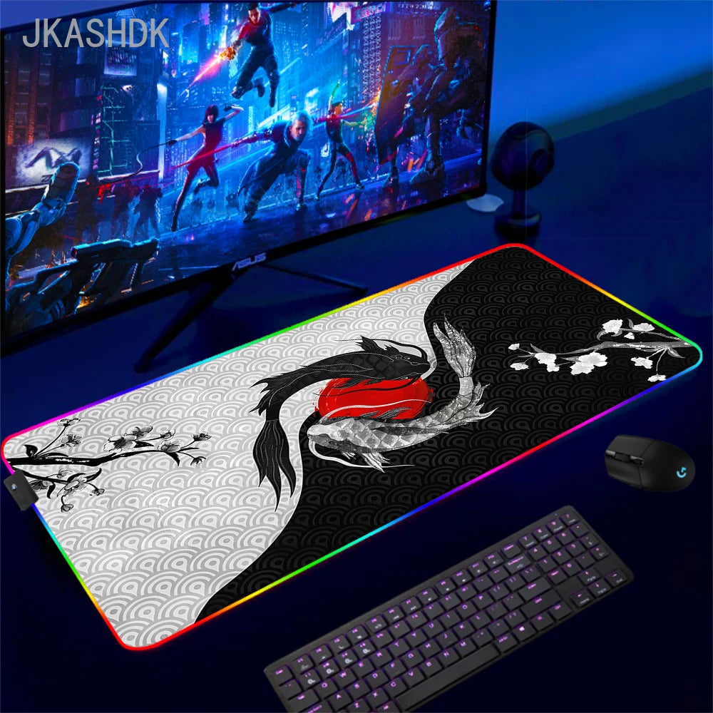 Large RGB Mouse Pad Koi Fish Gaming Mousepad LED Mouse Mat Gamer Mousepads Yin Yang Desk Pads RGB Keyboard Mause Mats XXL 100x50
