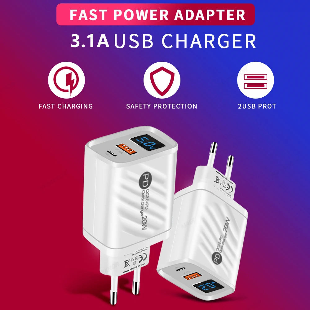 USB PD Charger 20W Fast Charging Type C Digital Display Phone Charge Adapter For iPhone Samsung Xiaomi Huawei USB C Wall Charger