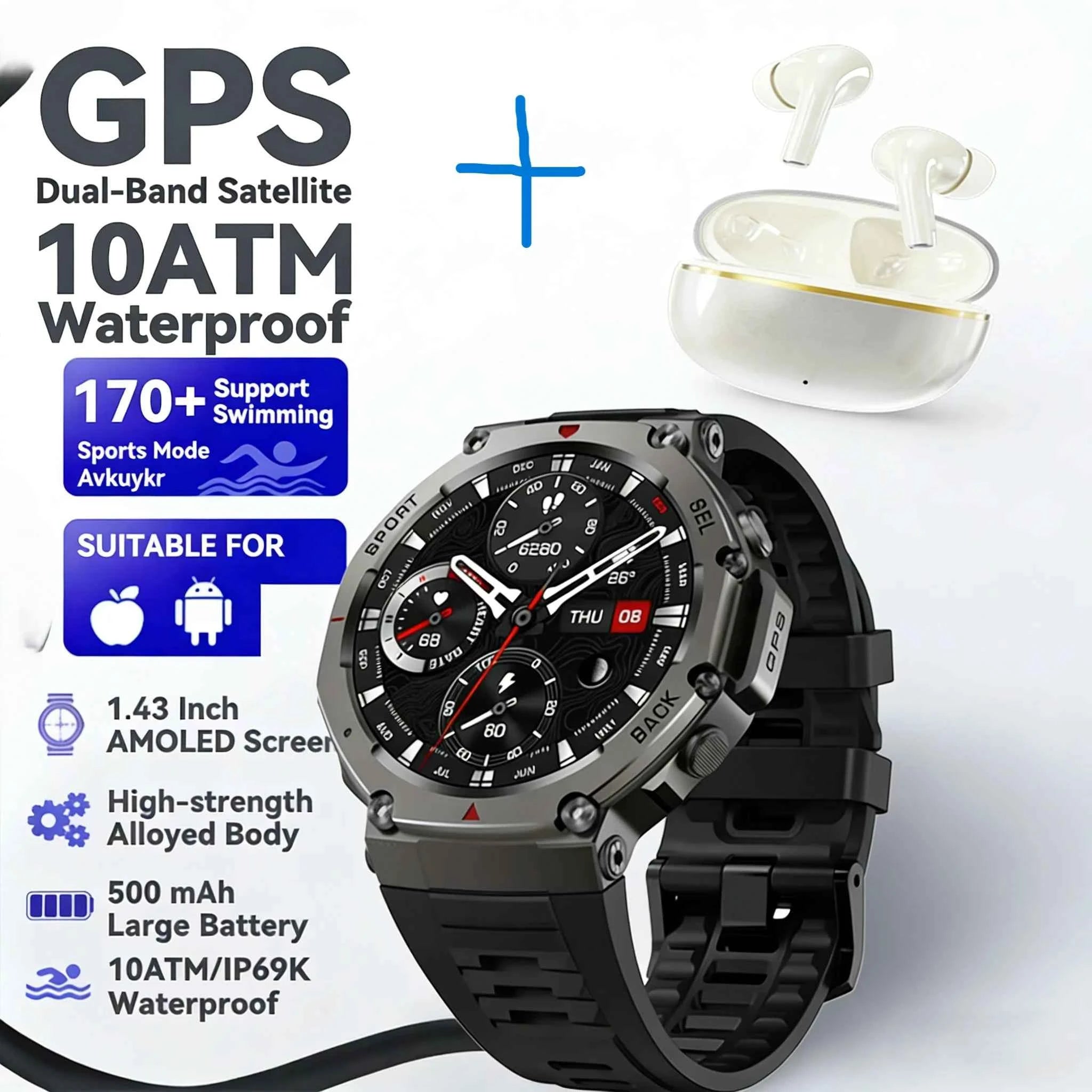 New Rugged GPS DM58 Smart Watch 500mAh Battery 170 Sport Modes 5ATM Waterproof Bt Call AMOLED Display Fitness Outdoor