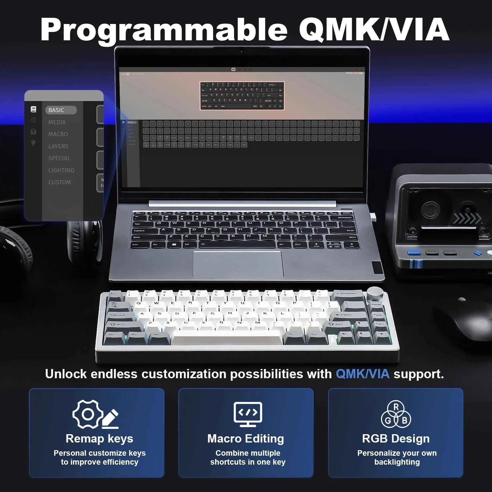 YUNZII AL68 Silver Wireless Custom Mechanical Keyboard, QMK/VIA Aluminum Keyboard, Hot Swap Gasket Gaming Keyboard with Knob