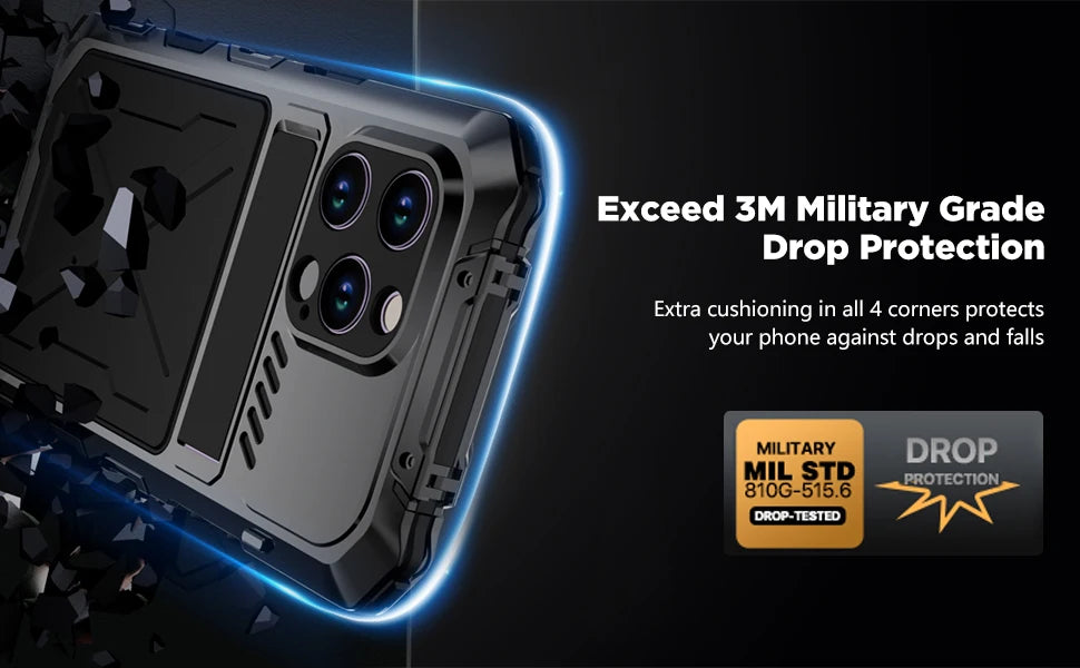 for iPhone 15 14 Pro Max Case Metal Military-Grade Built-in Kickstand & 9H Screen Protector Protective Rugged Heavy Duty Case