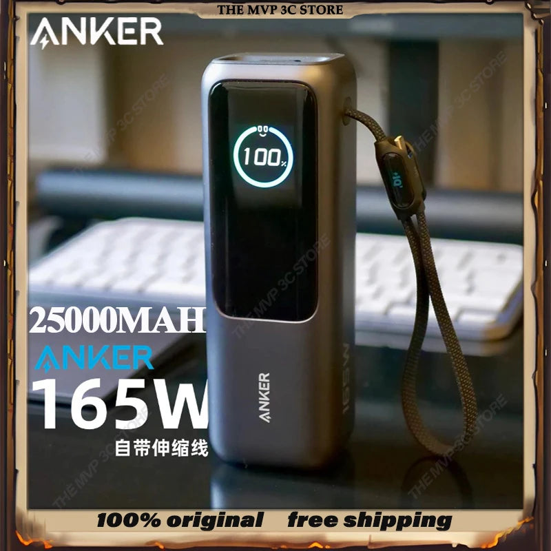 NEW Anker 165W Max Power Bank 25000mAh High Capacity Retractable Cables Fast Charge Mobile Phone Power Bank Gift Lightweight PC