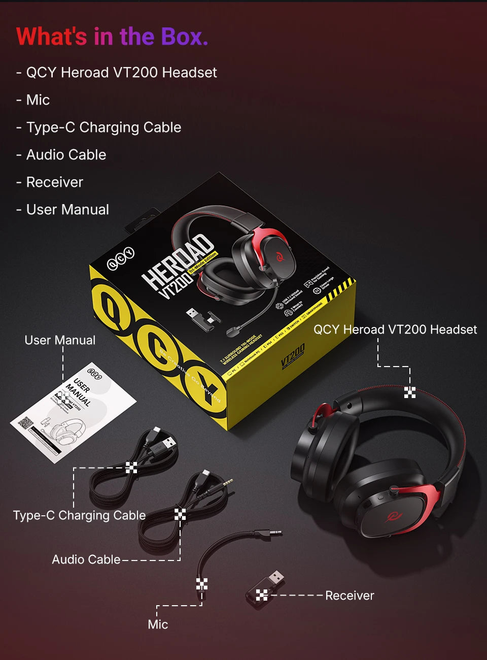 QCY Heroad VT200 Wireless Gaming Headset Detach Mic Over ear Headphone Tri-Mode 7.1 Surround Sound for PC/PS4/PS5 Headset Gamer