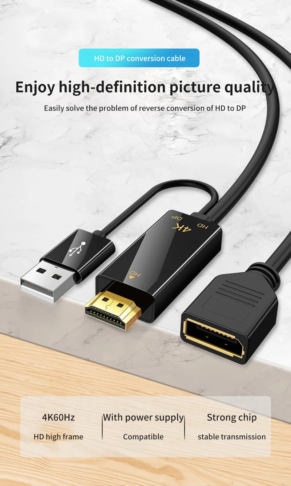 4K@60Hz HDMI-compatible Male to DisplayPort Female Adapter with USB Power, Unidirectional Converter for Gaming Monitor PC PS5