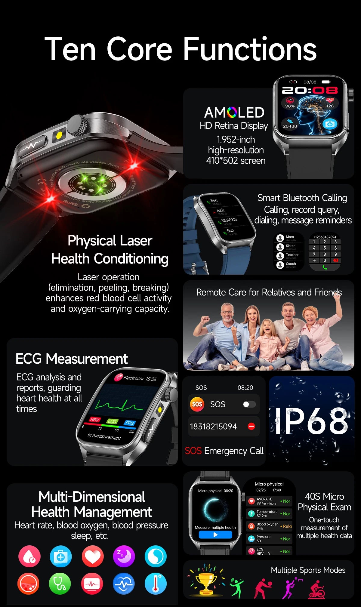 New Laser Treatment Three High Smart Watch Men ECG Heart Rate Uric Acid Health Tracker 1.95 inches Sapphire Glass SmartBracelet