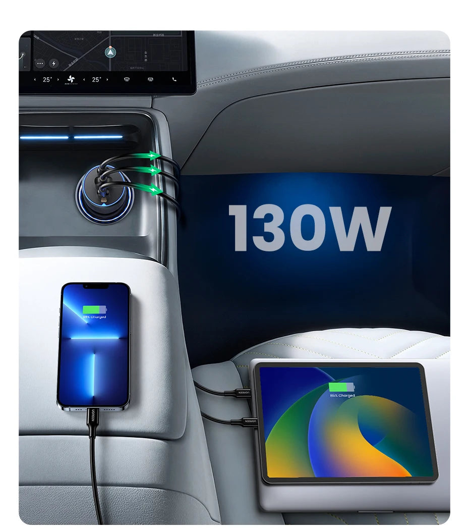 UGREEN 130W USB C Fast Car Charger For Xiaomi iPhone 17 Samsung Galaxy S25 Laptops PD3.0 Fast Charging USB Type C Car Charger