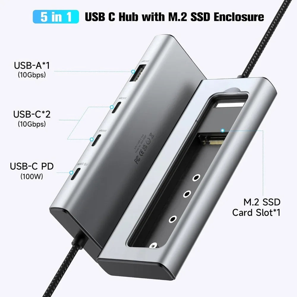 RSHTECH M.2 NVMe/SATA SSD Enclosure 5-in-1 Aluminum 10Gbps USB C Hub with 3 USB 3.2 Data Ports 100W Power Delivery and M2 SSD Docking Station External USB-C to M.2 Caddy for Laptops MacBook