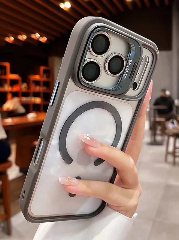 Luxury Matte Translucent Armor Shockproof For Magsafe Bracket Case For iPhone 17 16 15 14 13 12 Pro Max 17 Wireless Charge Cover