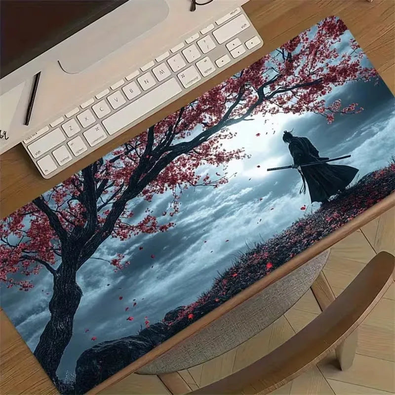 Japanese Samurai Art Mouse Pad, Traditional Calligraphy Pattern Non Slip Desk Mat Game Lovers Office Home Keyboard Desktop Decor
