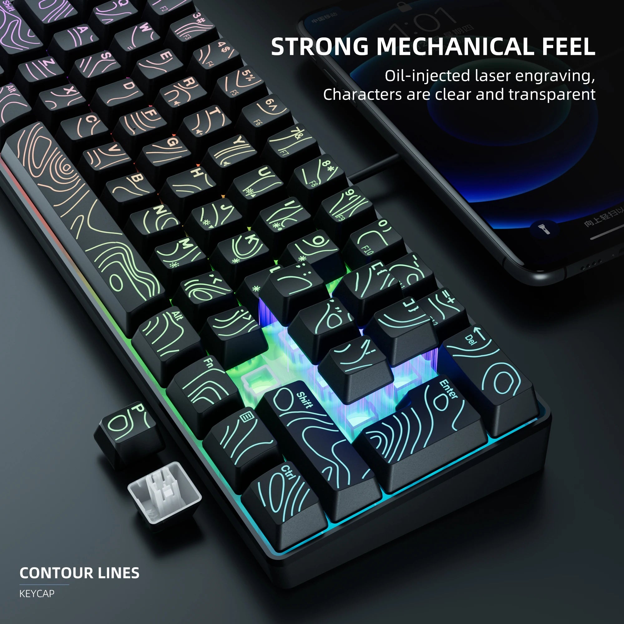 60% Compact Wired Keyboard with RGB Backlight and Membrane Keyswitches. Suitable for Windows tablets, laptops and gamers. Black.