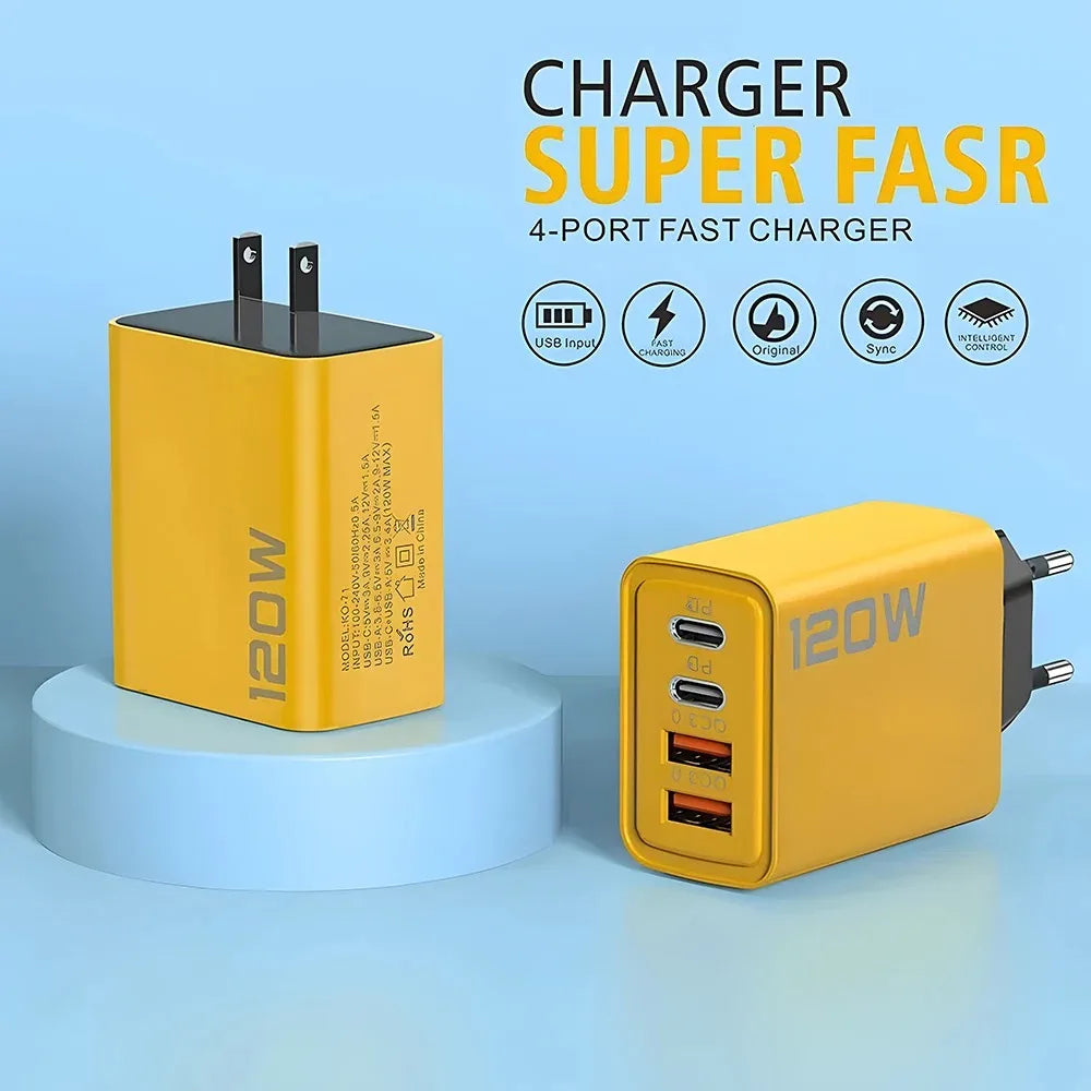 4 Port USB PD Charger 120W Type C Quick Charge Mobile Phone Charger Adapter For iPhone Samsung Xiaomi EU/US/UK Plug Wall Charger