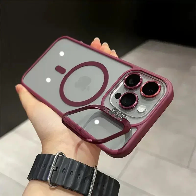 Luxury Magnetic Shockproof Phone Case for iPhone 16/15/14/13/12/11/17 Pro Max with Stand and Glass Lens Case