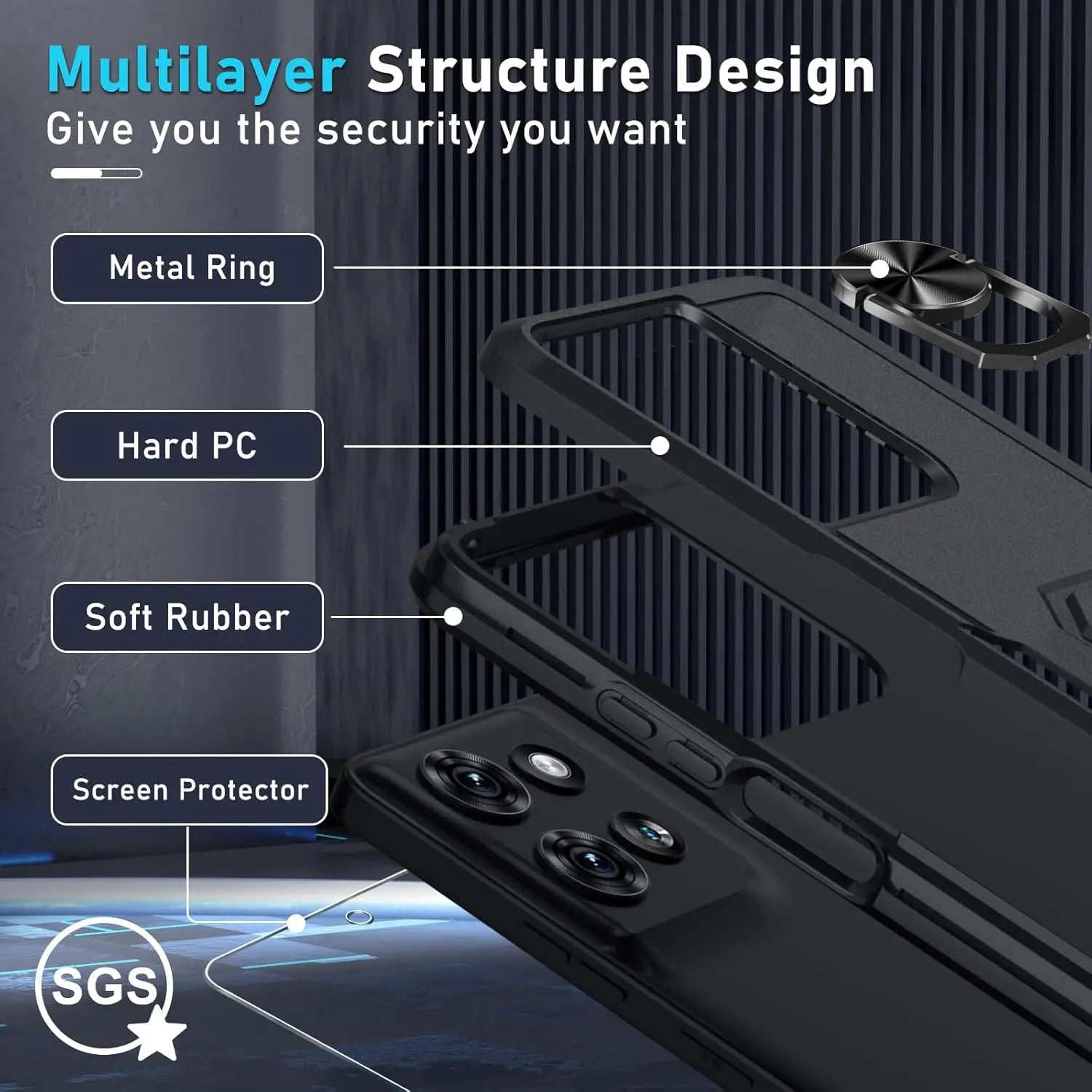 Motorola Moto G 2025/2026 Case with Screen Protector, Heavy Duty Shockproof Full Body Cover, Built-in Rotatable Metal Kickstand, Black Matte