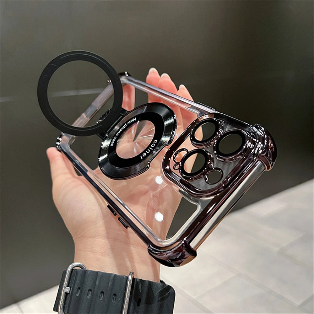 Luxury Plating Shockproof Magnetic Bracket For Magsafe Clear Case For iPhone 17 15 16 14 13 12 11Pro Max With Holder Stand Cover