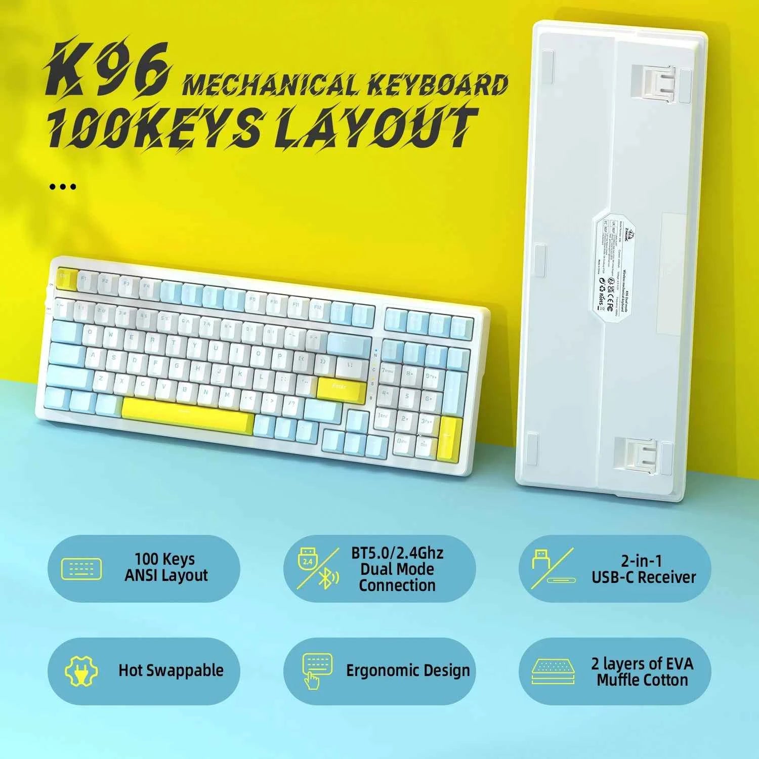 K96 Wireless Mechanical Keyboard, Dual Mode 2.4G/BT5.0 2-in-1 Receiver, 100 Keys Hot Swappable Red Switches Gamin