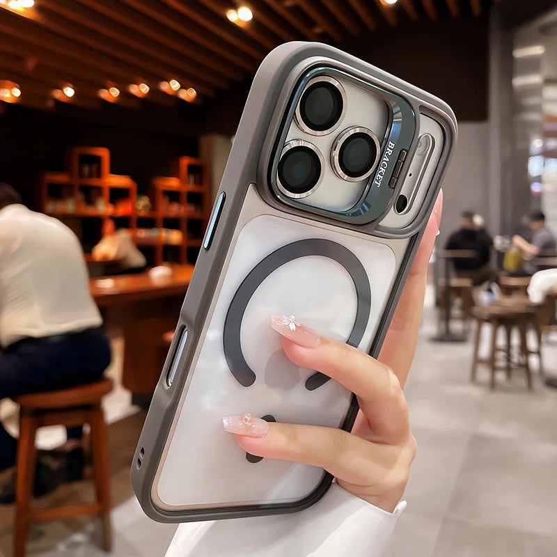 Luxury Matte Translucent Armor Shockproof For Magsafe Bracket Case For iPhone 17 16 15 14 13 12 Pro Max 17 Wireless Charge Cover