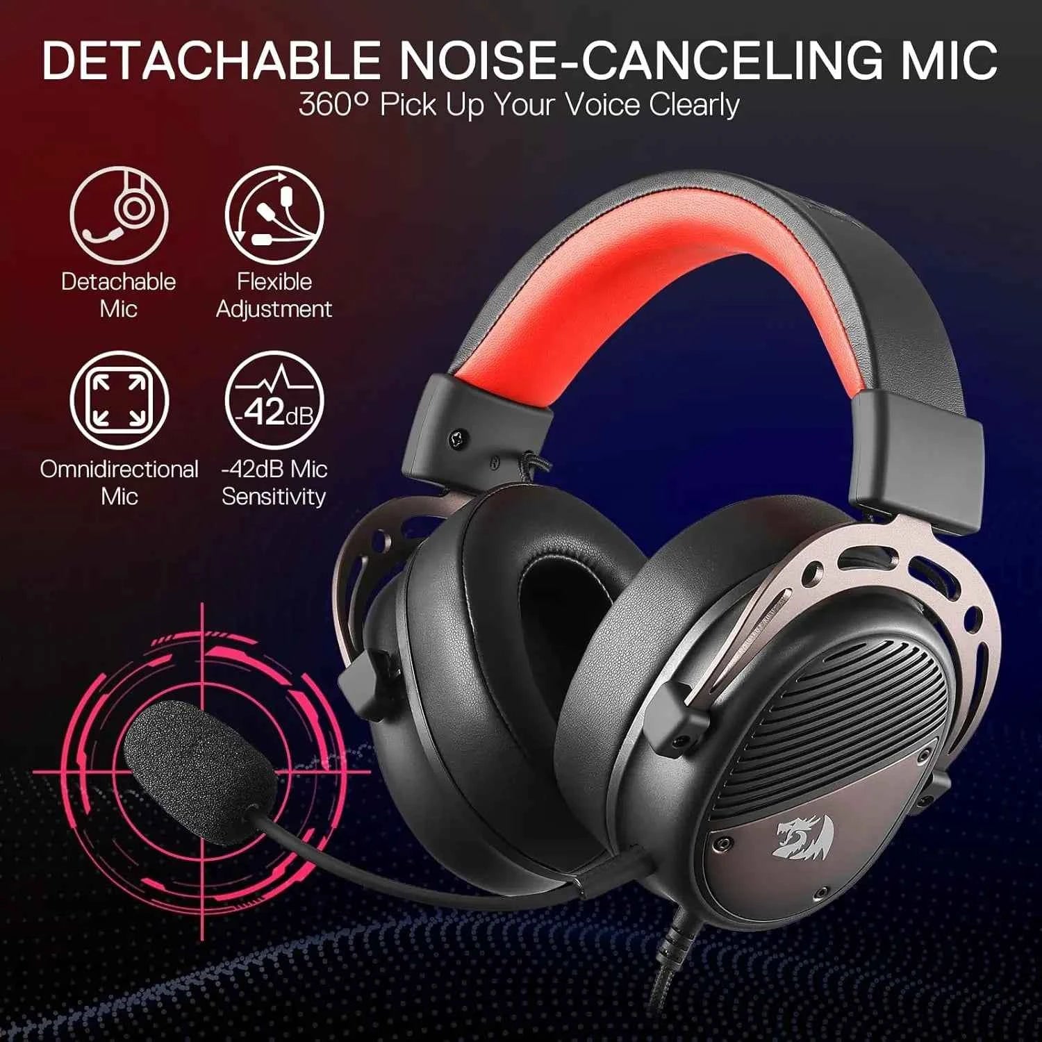 Redragon H730 USB Wired Gaming 53mm Drivers, 360° Spatial Sound, Detachable Noise-Canceling Microphone Headset
