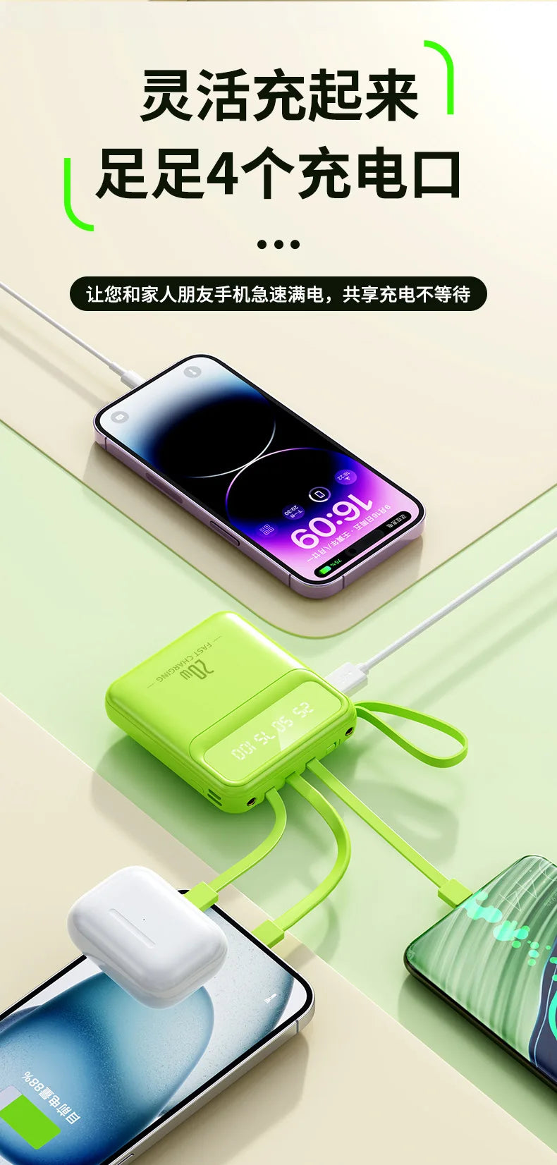 20000mAh 10000mAh Power Bank Built-in Cable Phone External Battery Powerbank Charger for Xiaomi Poco iPhone Samsung iPad