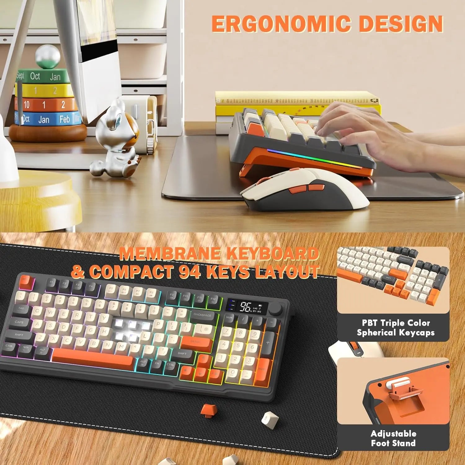 MAMBASNAKE x FREEWOLF T96 Smart Display Wireless Membrane Keyboard and Mouse Comb, 94Key LED Lighting Rechargeable Silent