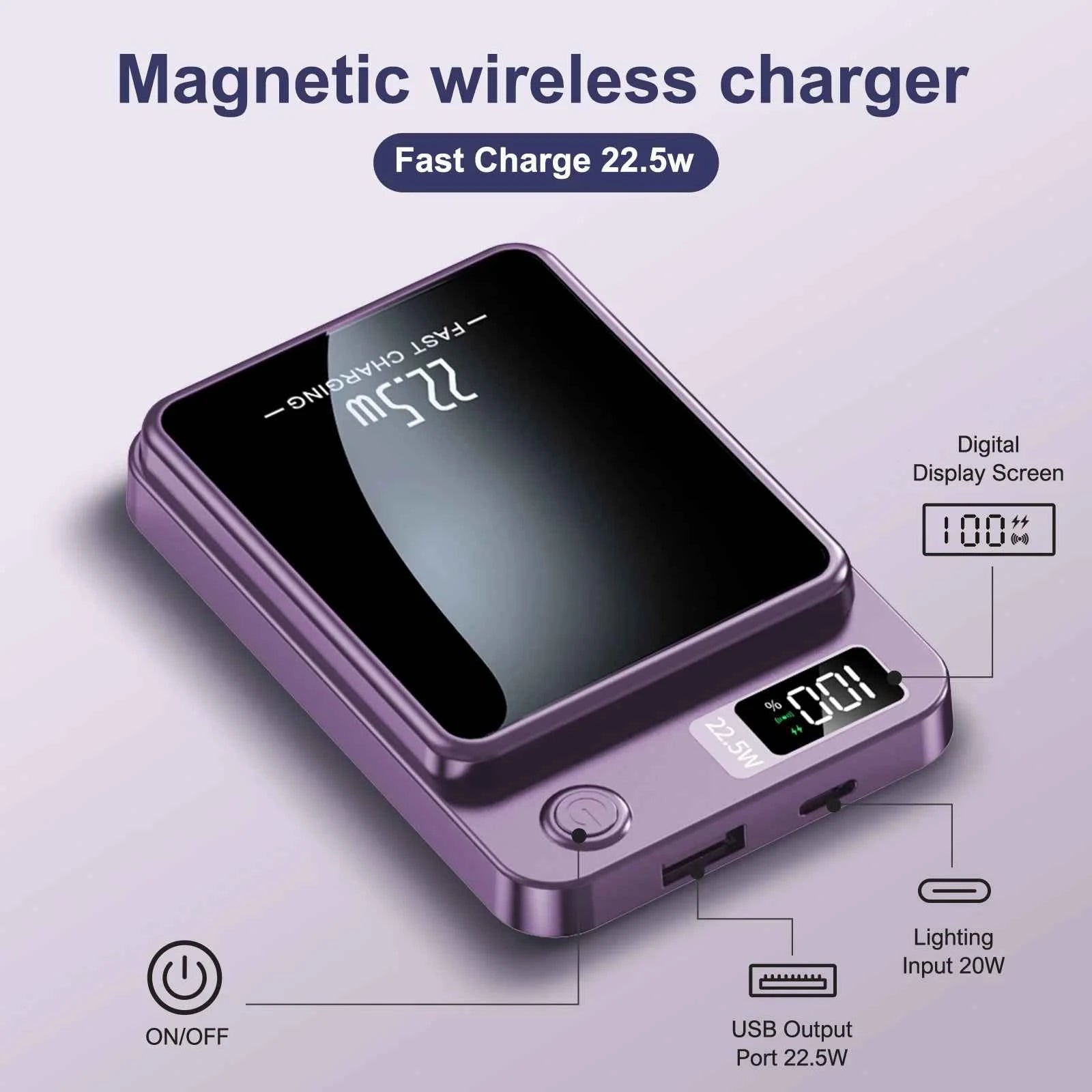Magnetic Wireless Power Bank Fast Charging PD 22.5W 10000mAh Portable Charger USB-C External Battery For Iphone Huawei Samsung