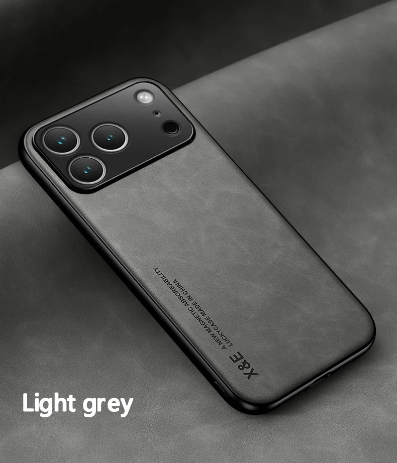 Luxury Leather Case For iPhone 17 16 15 14 13 12 11 Pro Max Plus 13 12 Mini 17 Air 16E Cover With Metal Plate Support Car Hold