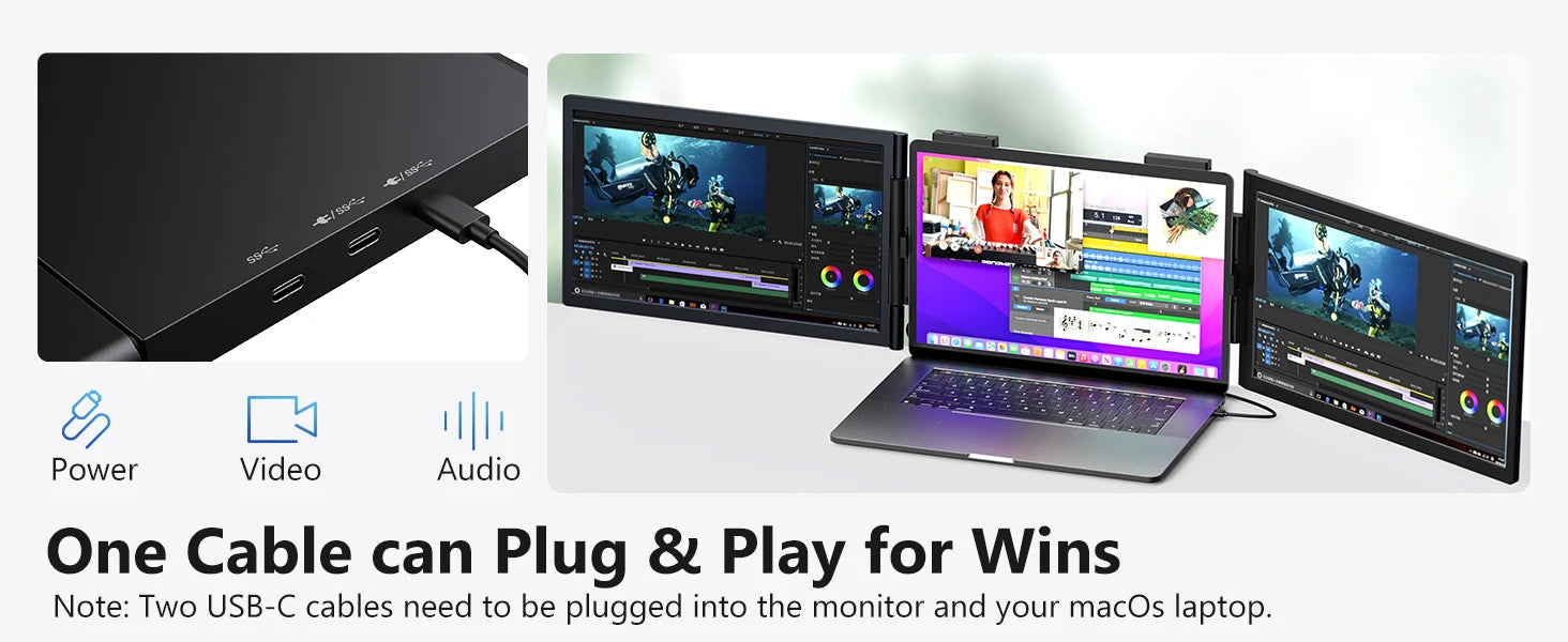 Amoudo14 Inch Dual Portable Monitor 1920*1080P IPS Portable Triple Monitor with USB-C Port for 14-16.5
