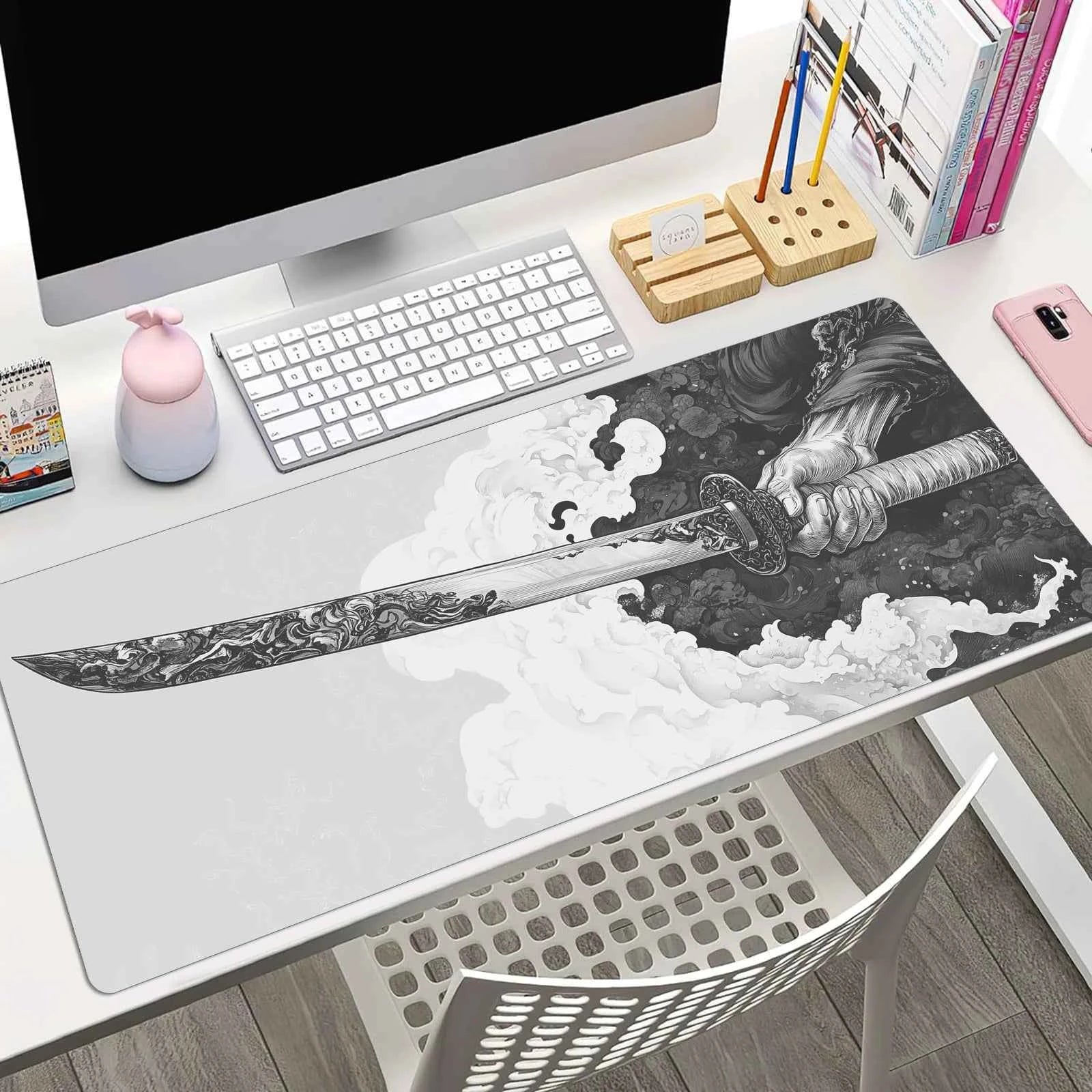 Black And White Comic Wind Sword Model Keyboard Mouse Pad Desk Mat, 3D Gaming Mouse Pad with Non-Slip Rubber Base Stitched Edges