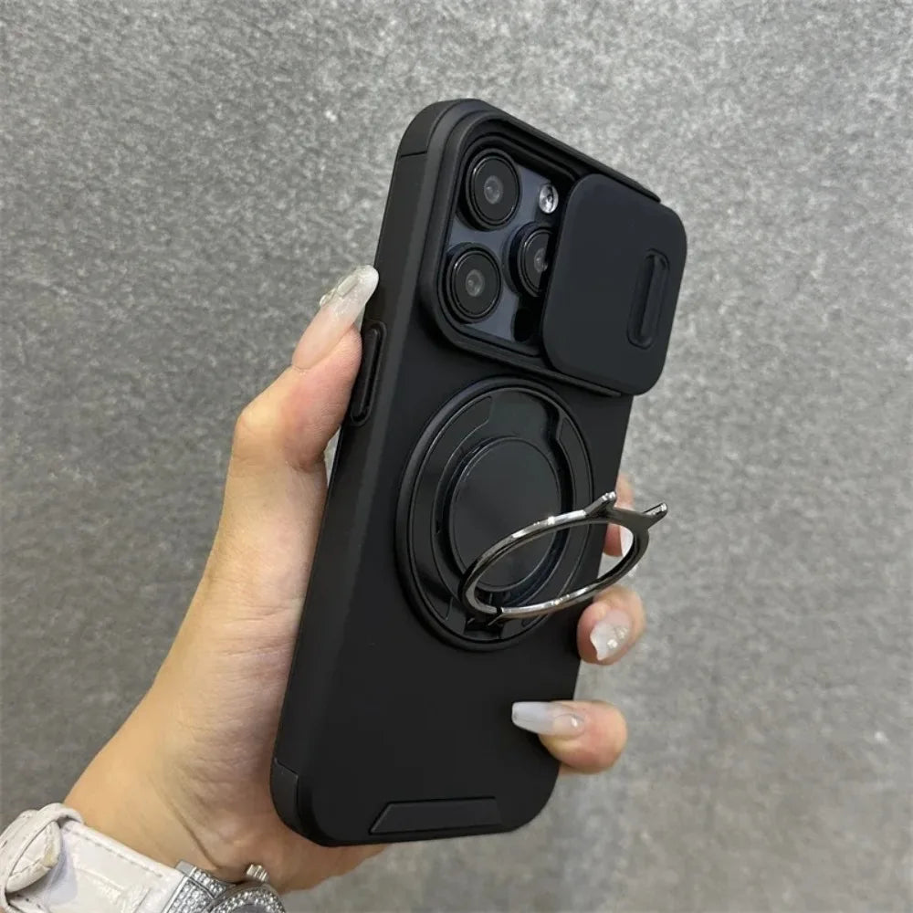 Luxury Heavy-Duty Rugged Armor Magnetic Bracket Case For iPhone 16 15 14 13 12 11 Pro Max Plus Slide Camera Protection PC Cover