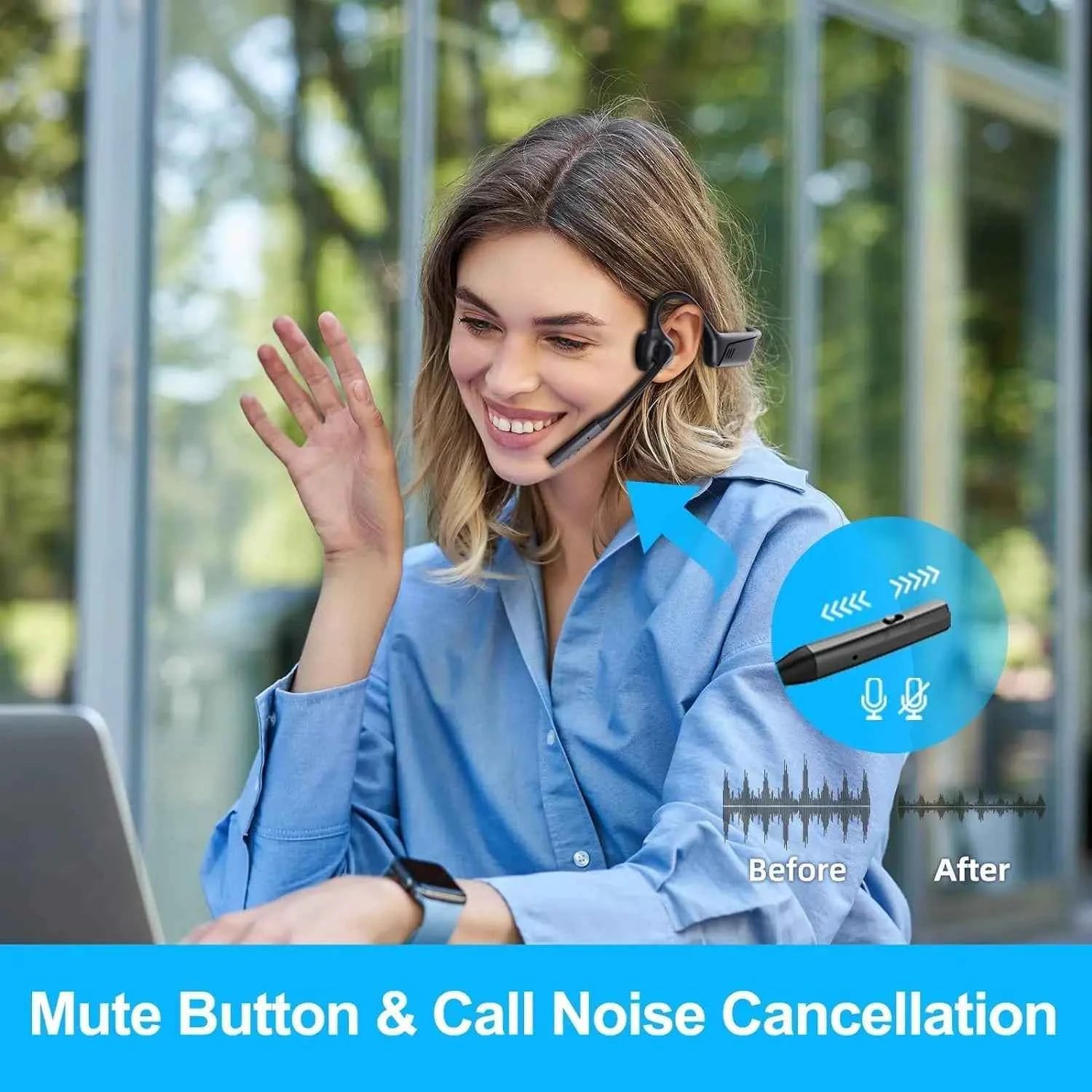 eppfun Open Ear Air Conduction Bluetooth Headphones, aptX-LL  Boom Microphone and Mute Button, , for Driving, Phone Call, Office