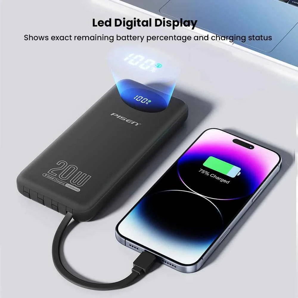 PISEN 3C Certified Power Bank 10000mAh & 20000mAh 20W Fast Charging Powerbank With 4 Built-in Cables For iPhone Samsung Xiaomi