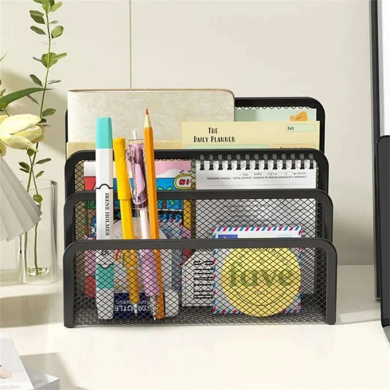 3-Layer Black Metal Mesh Notebook Stand Rack Desk Organizer for Papers Magazines Documents Books - Office Supplies