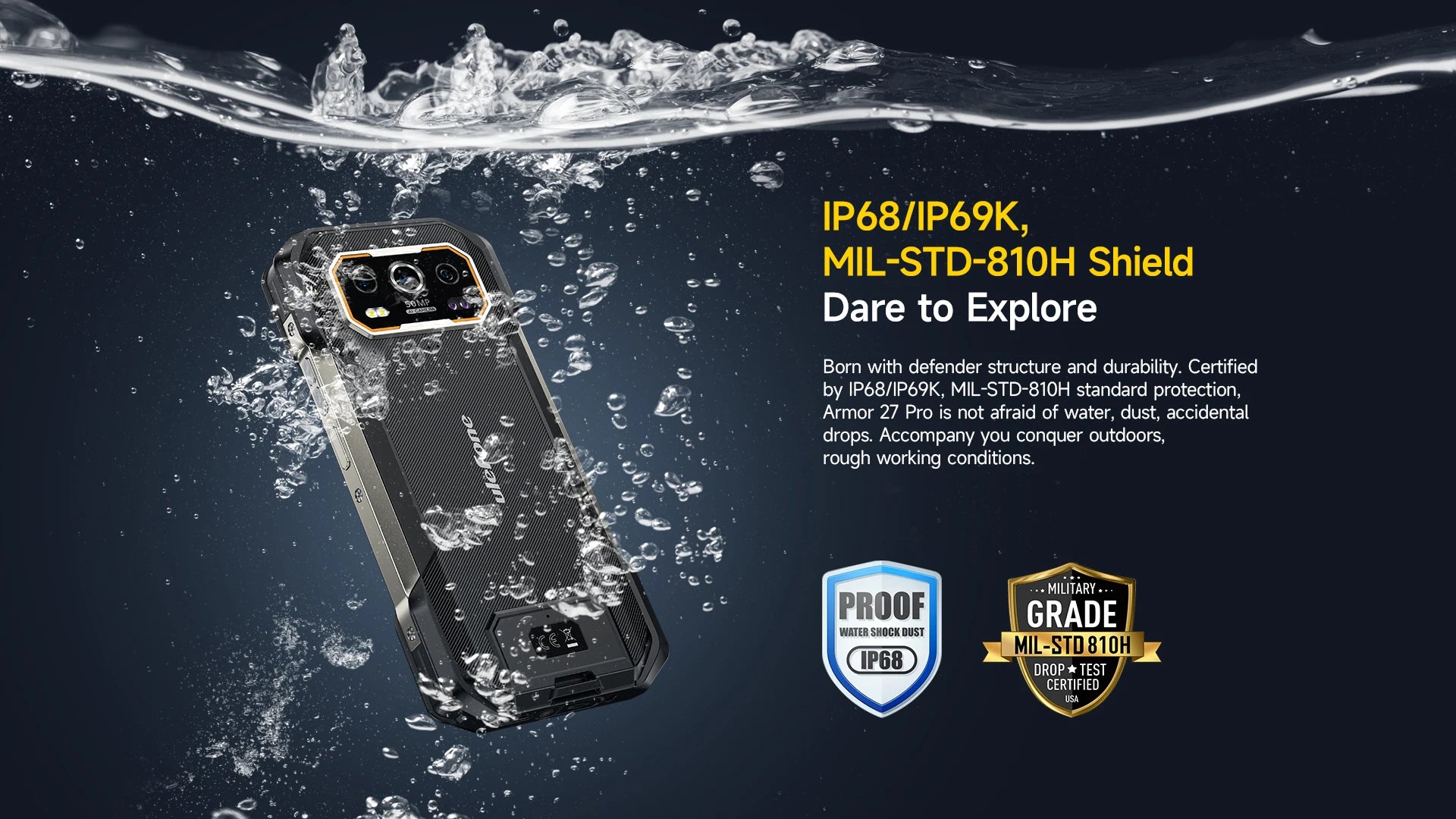 Ulefone Armor 27 Pro 5G Rugged Phone 10600mAh 50MP Camera 64MP Night Smartphone Android 14 Up to 24GB+256GB NFC Waterproof Phone