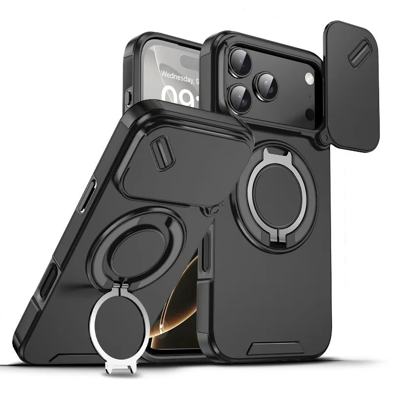 Luxury Heavy Duty Rugged Armor Magnetic Bracket Case For iPhone 17Air 16 15 14 17 Pro Max Plus Slide Camera Protection PC Cover