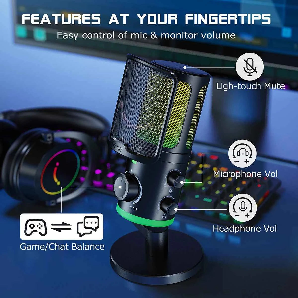 FIFINE USB Gaming Microphone with Noise Cancellation/RGB/Gain&Balance Knob,Condenser Mic for Streaming Podcasting-Ampligame AM6