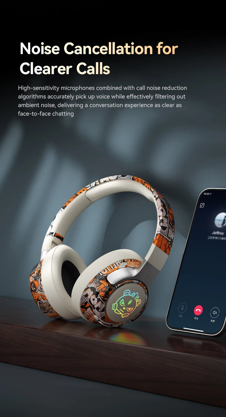 SY-T12 Graffiti LED Light Up Wireless Headphones Over Ear Foldable 3D Earpads Bluetooth 5.4 Headset For Gaming Sports