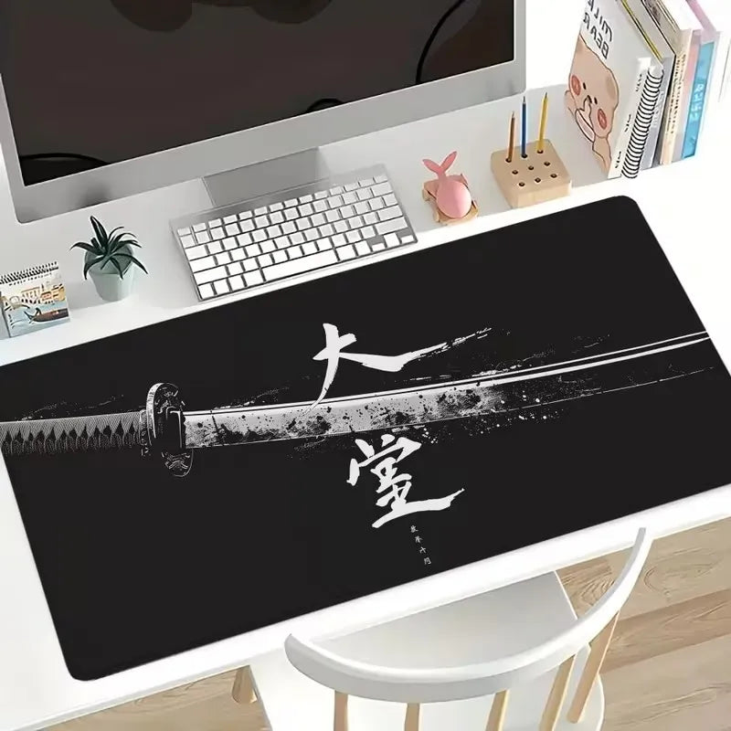 Japanese Samurai Art Mouse Pad, Traditional Calligraphy Pattern Non Slip Desk Mat Game Lovers Office Home Keyboard Desktop Decor