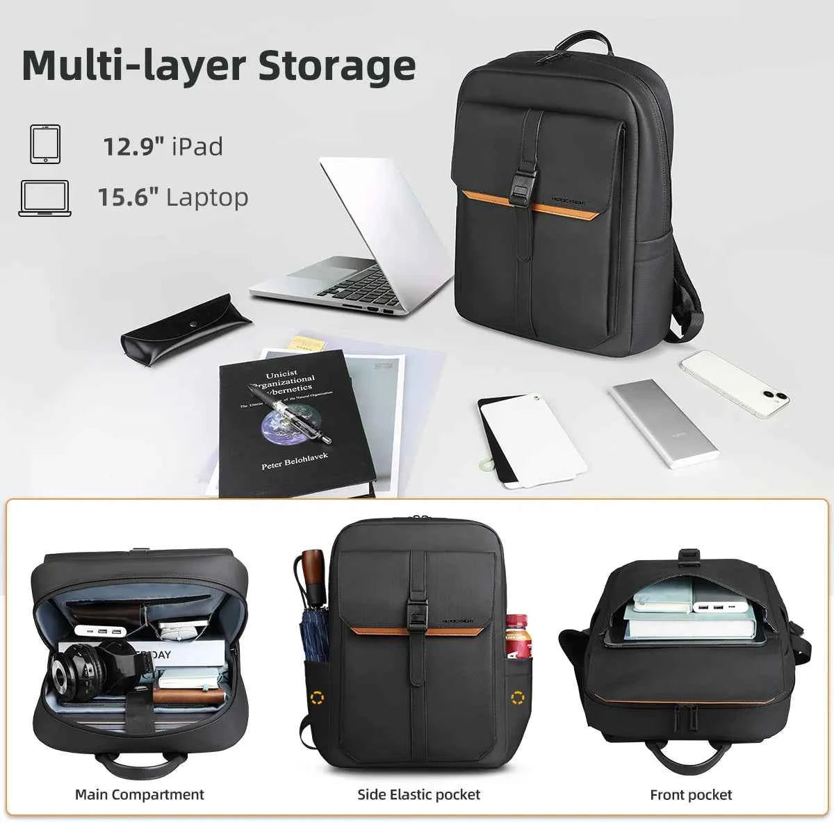 HK Stylish Business Backpack for Men Waterproof 15.6 inch Flap Laptop Backpack Multiple Pockets Casual Daypack for Work School