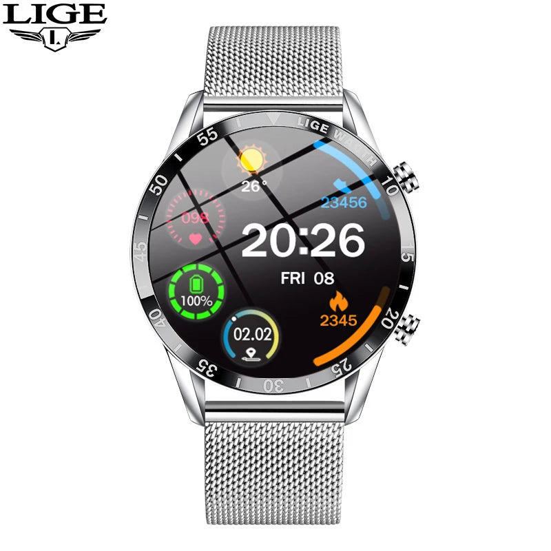 LIGE Men's Fashion Smart Watch Full Touch Bluetooth Call Waterproof Sport Fitness Tracker Luxury Steel Band Smartwatch for Adults