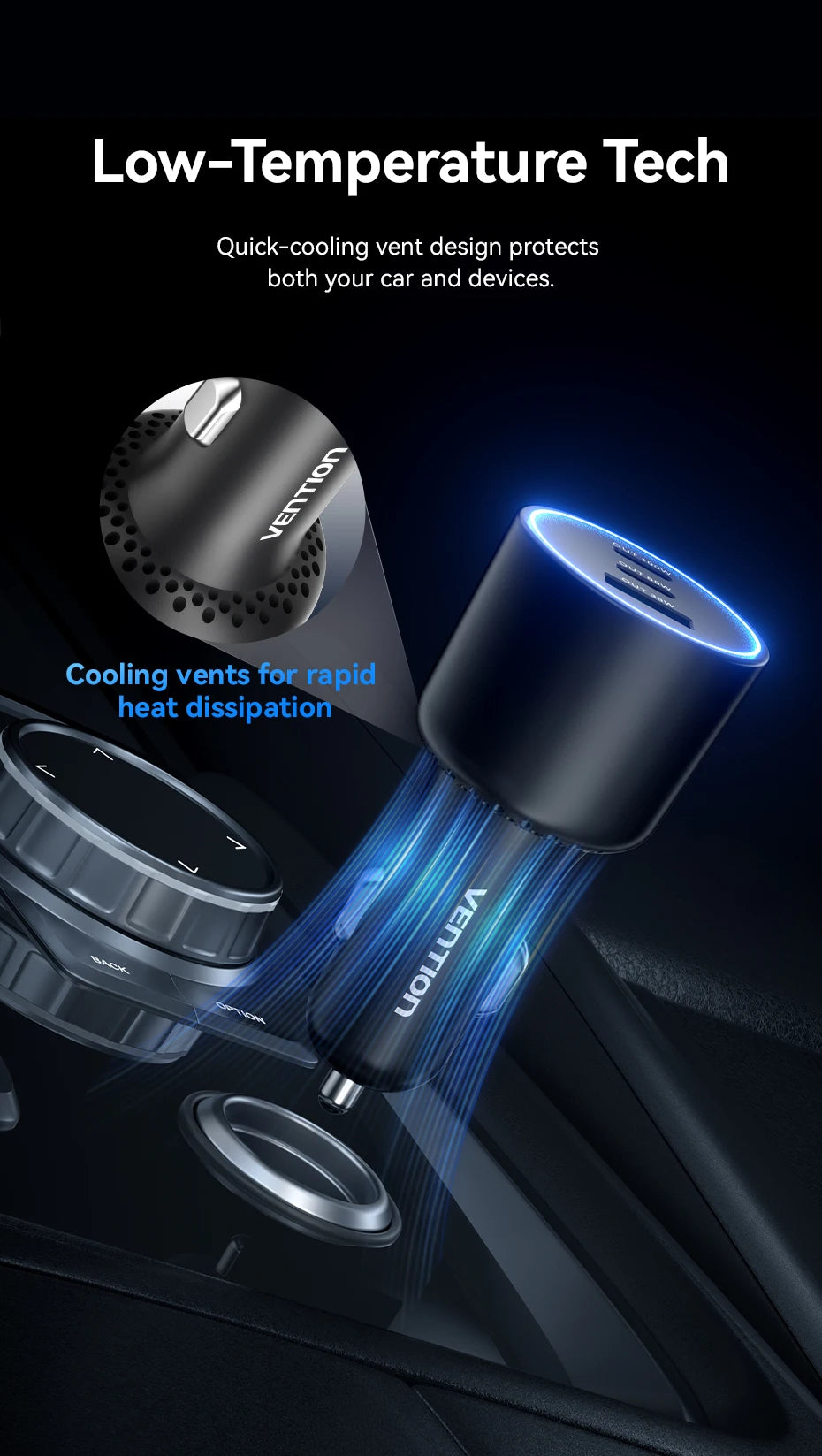 Vention 165W USB C Car Charger 3-Ports PD QC 4.0 45W For Samsung S25 iPhone 17 16 Macbook 100W Fast Charging Adapter With LED