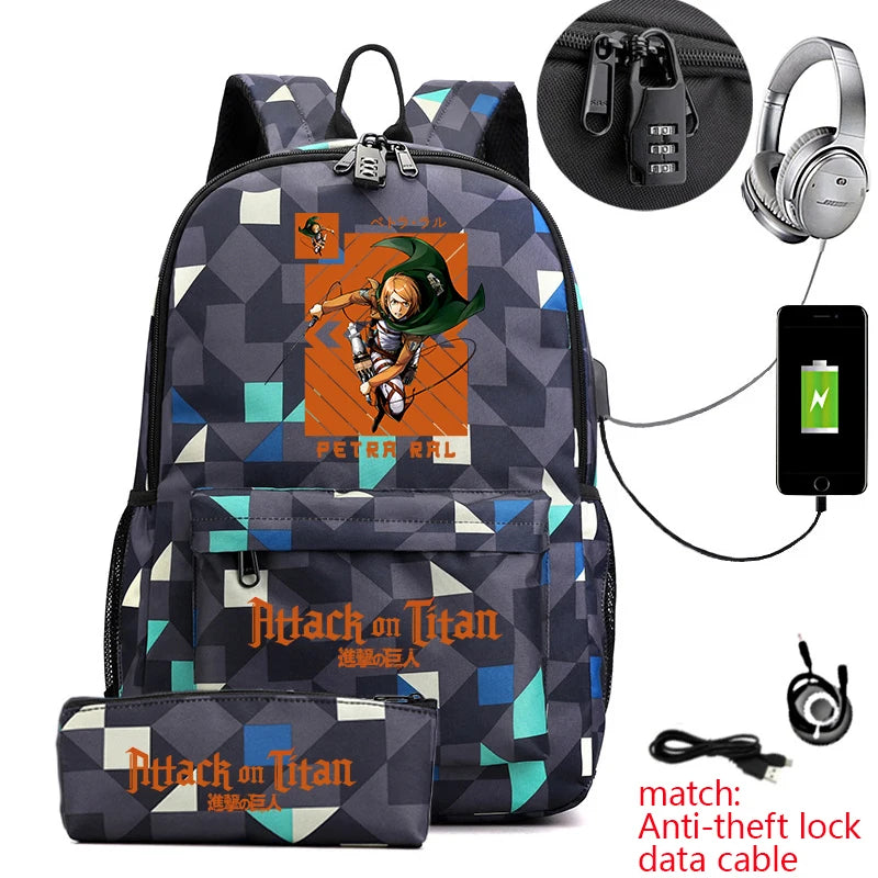 Attack on Titan Anime Print School Backpack Anti-Theft Laptop Bag for Boys Girls with Pencil Case