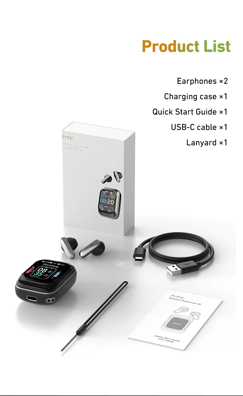 HTC NE48 Slider Headphones Wireless with a Colorful HD Display Touch Control In-Ear Bluetooth Earphones AI Translation Earbuds